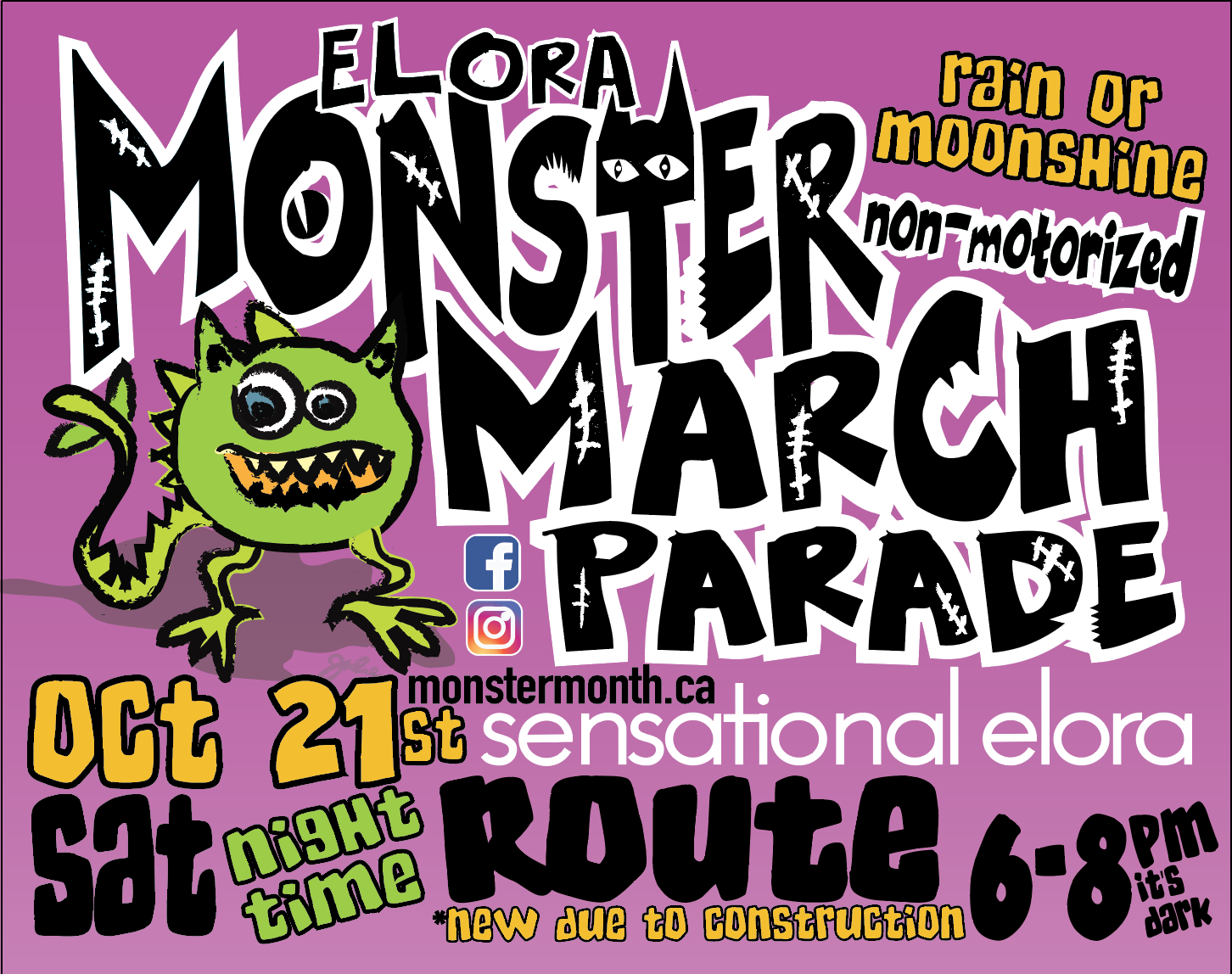 Monster March Parade. Rain or shine. Non-motorized. October 21, 2023. 6-8pm.